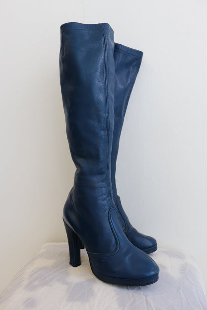 Electric Blue Heeled Knee Leather High Boots