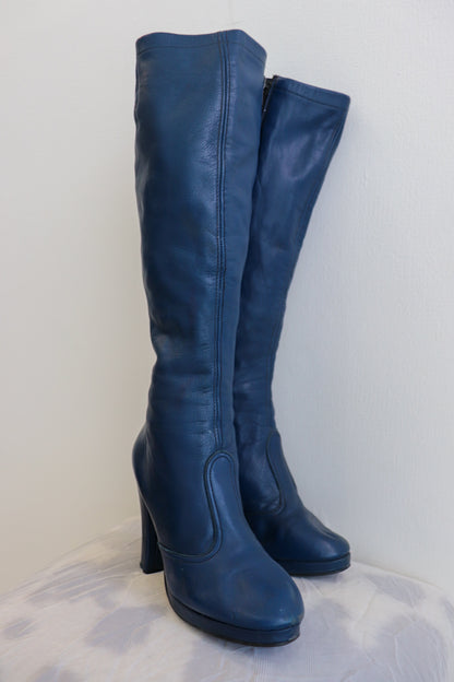 Electric Blue Heeled Knee Leather High Boots