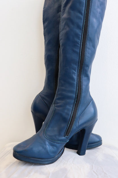 Electric Blue Heeled Knee Leather High Boots