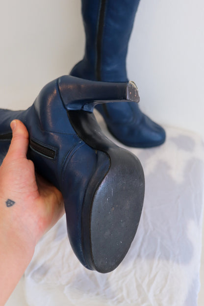 Electric Blue Heeled Knee Leather High Boots