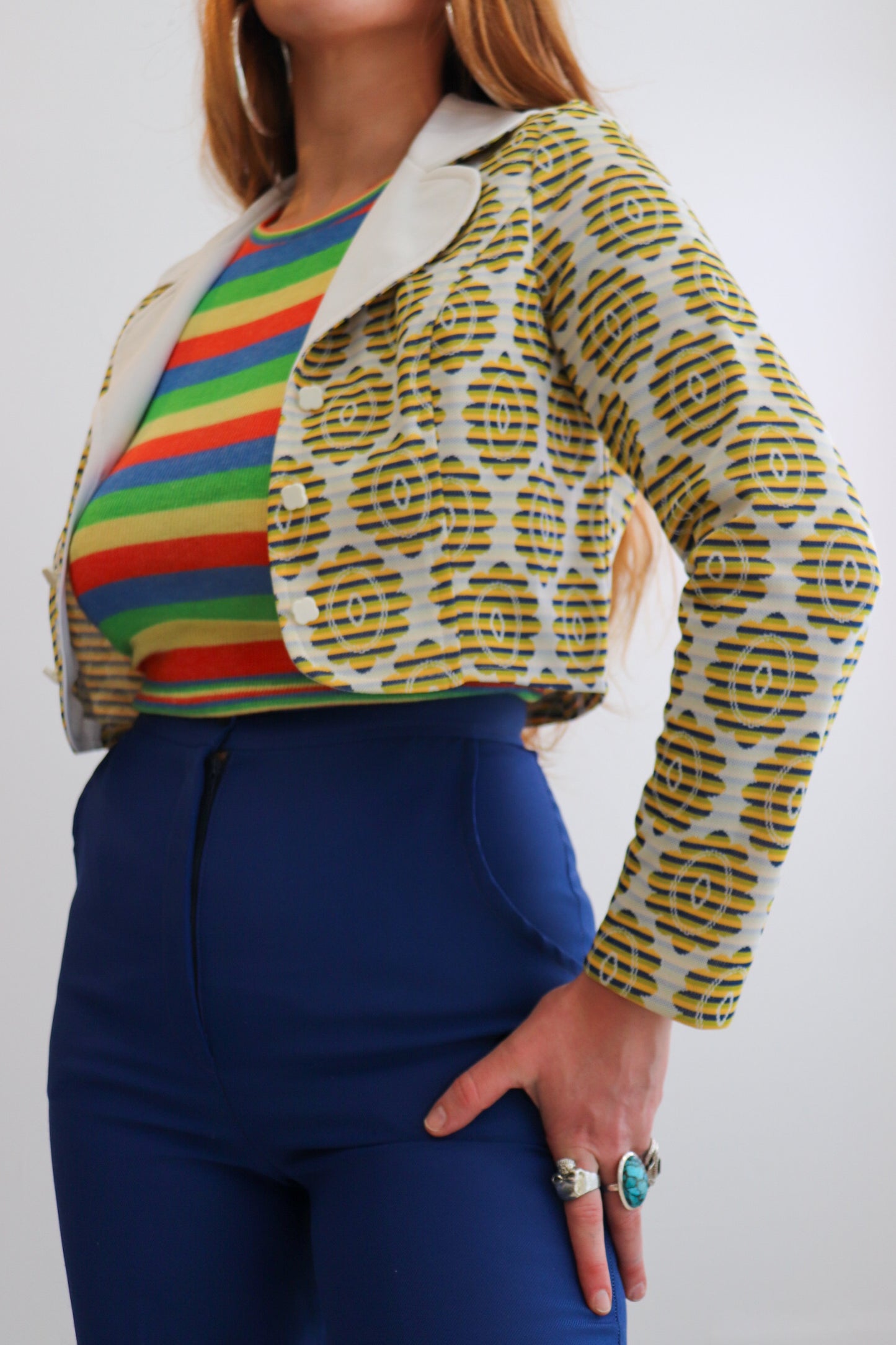 Yellow & Navy Crop Tapestry Jacket