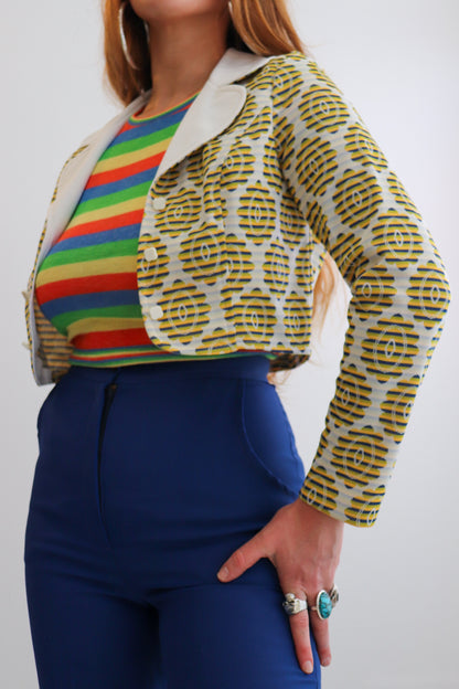 Yellow & Navy Crop Tapestry Jacket