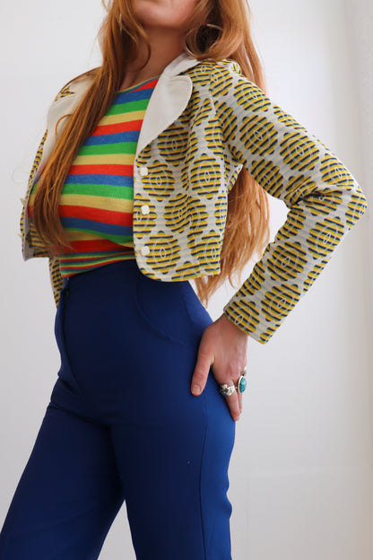 Yellow & Navy Crop Tapestry Jacket