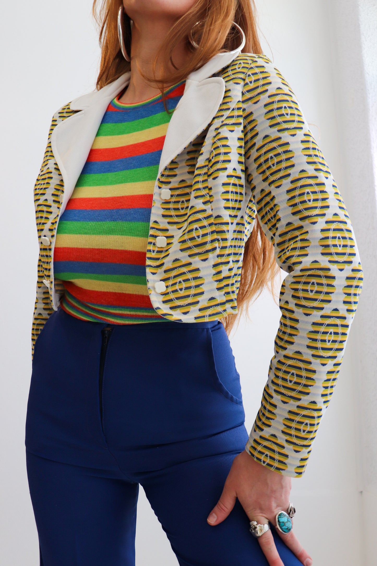Yellow & Navy Crop Tapestry Jacket
