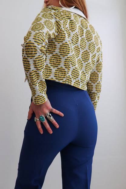 Yellow & Navy Crop Tapestry Jacket