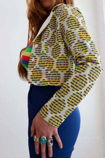 Yellow & Navy Crop Tapestry Jacket