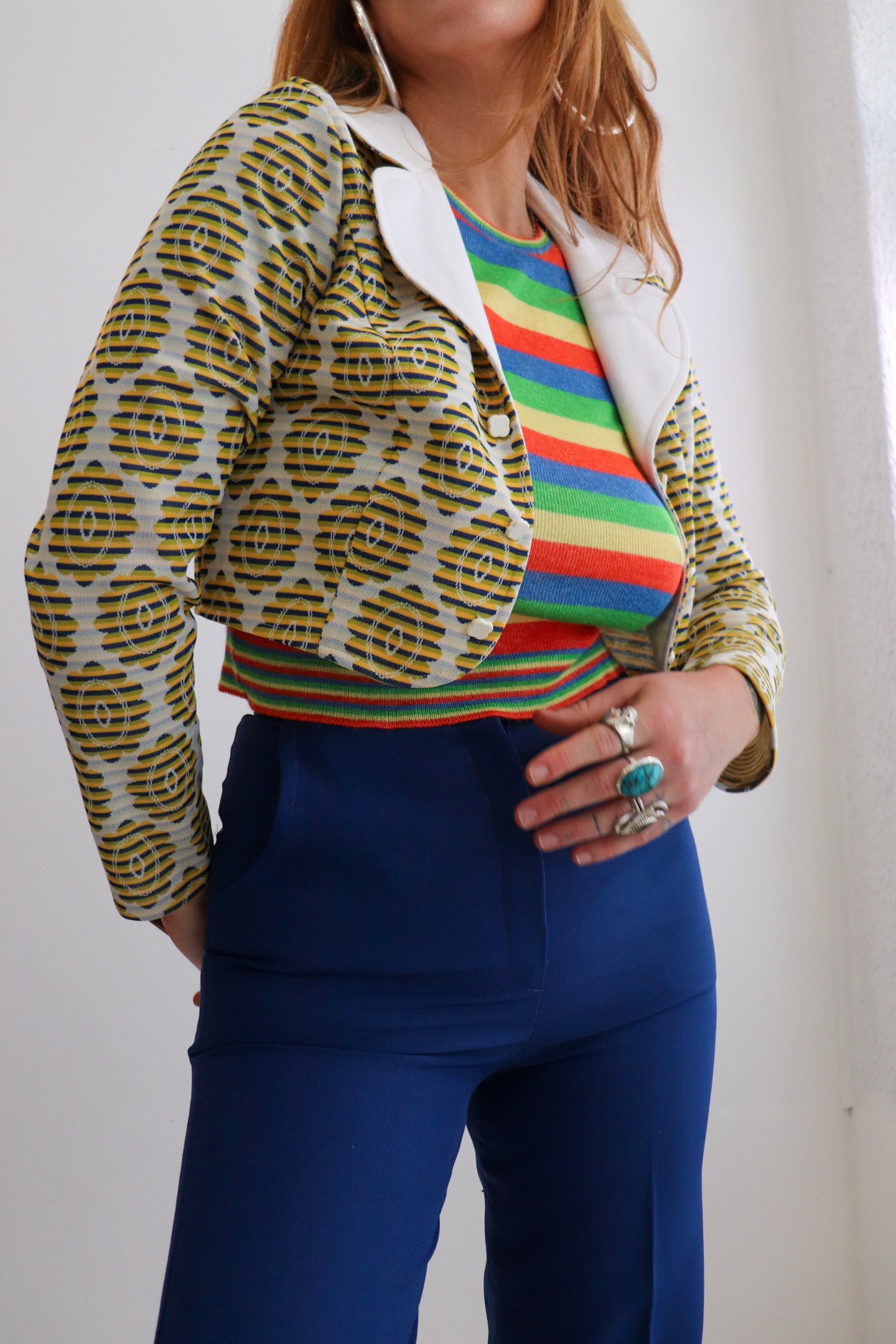 Yellow & Navy Crop Tapestry Jacket