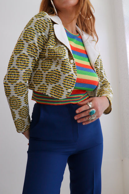 Yellow & Navy Crop Tapestry Jacket