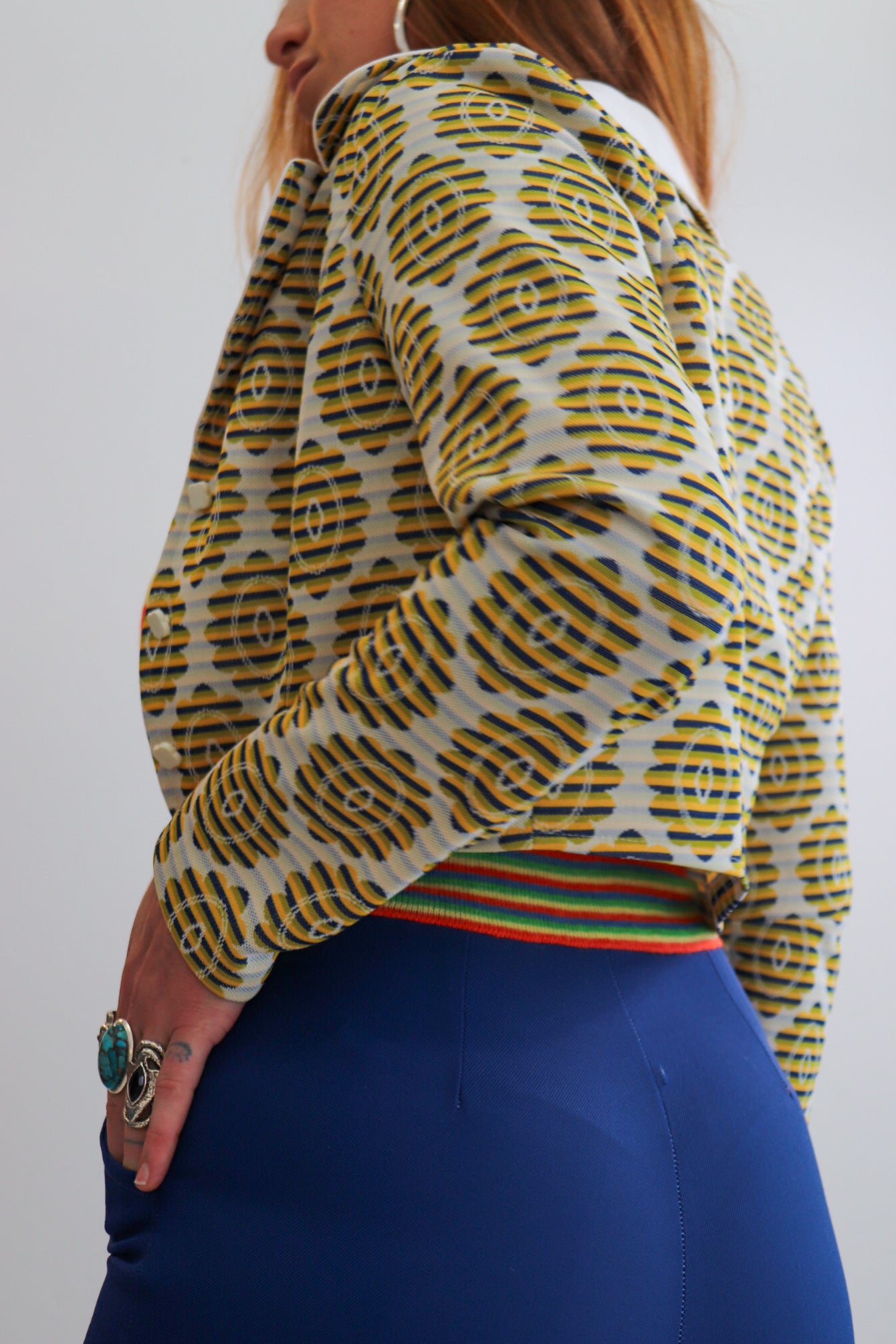 Yellow & Navy Crop Tapestry Jacket