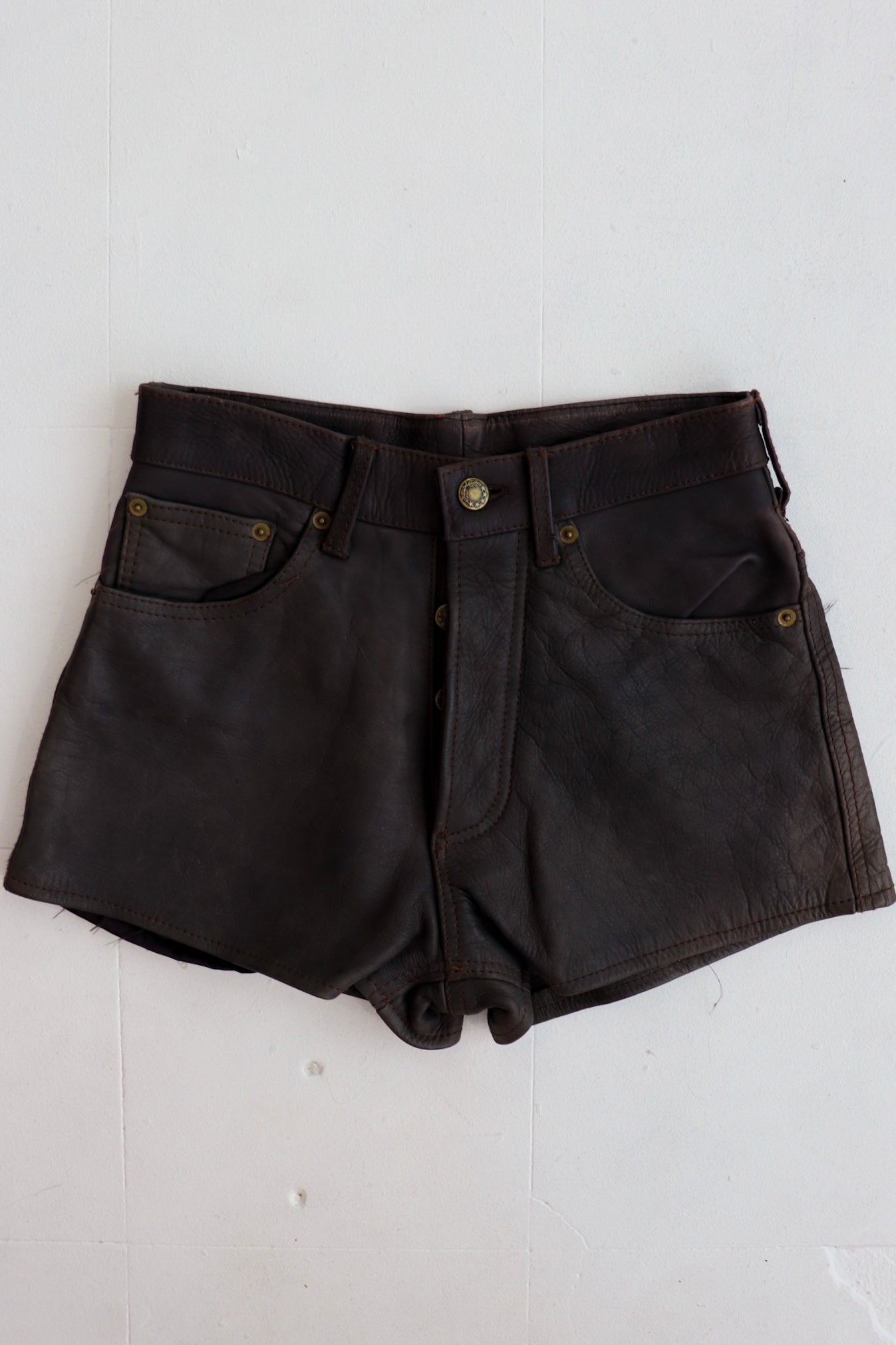 Brown Leather High Rise Shorts
