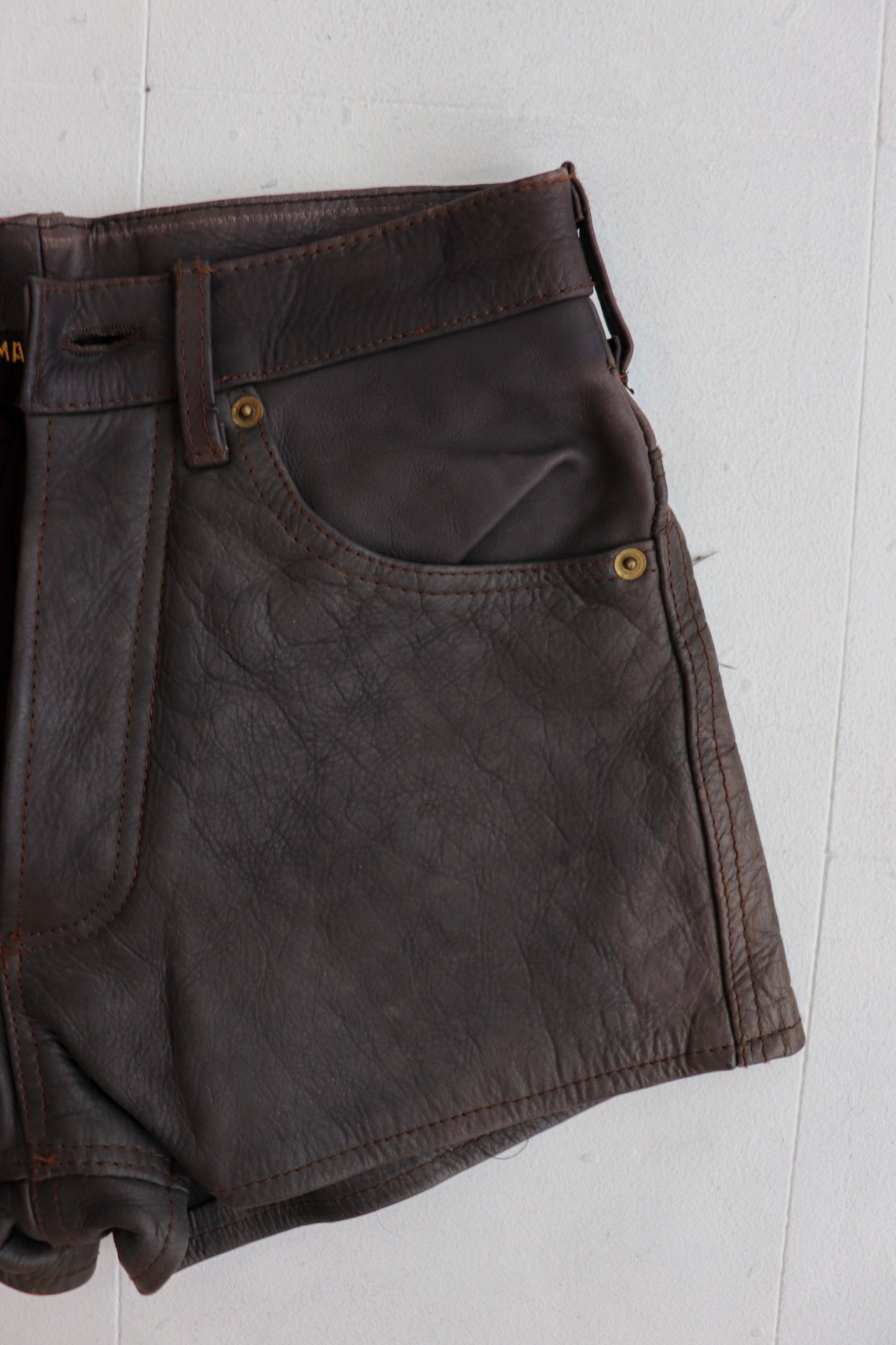 Brown Leather High Rise Shorts